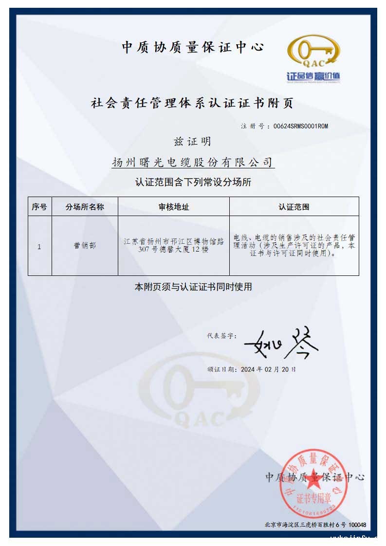 社会责任管理体系认证证书附页